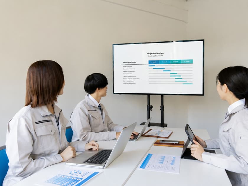 メーカーの担当者がモニターのデータを確認する会議